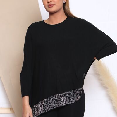 Black KNITTED TOP WITH DROPPED SHOULDERS AND CRYSTAL EMBELLISHMENT