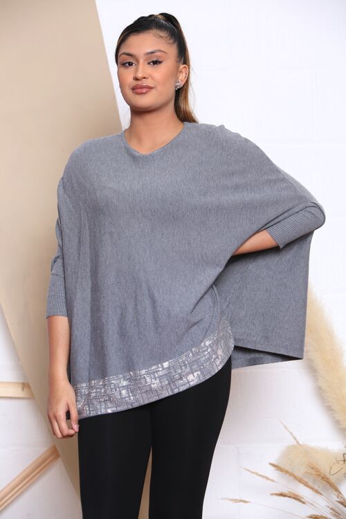 Grey KNITTED TOP WITH DROPPED SHOULDERS AND CRYSTAL EMBELLISHMENT