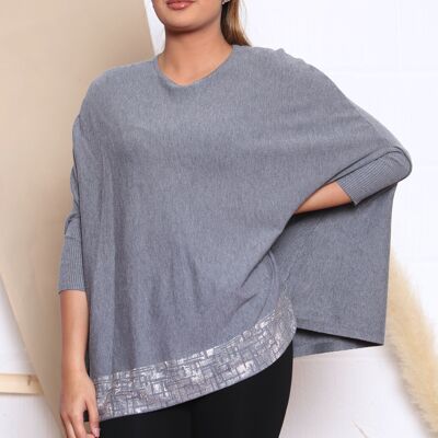 Grey KNITTED TOP WITH DROPPED SHOULDERS AND CRYSTAL EMBELLISHMENT