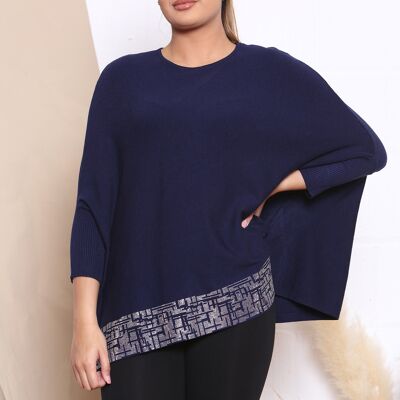 Navy KNITTED TOP WITH DROPPED SHOULDERS AND CRYSTAL EMBELLISHMENT