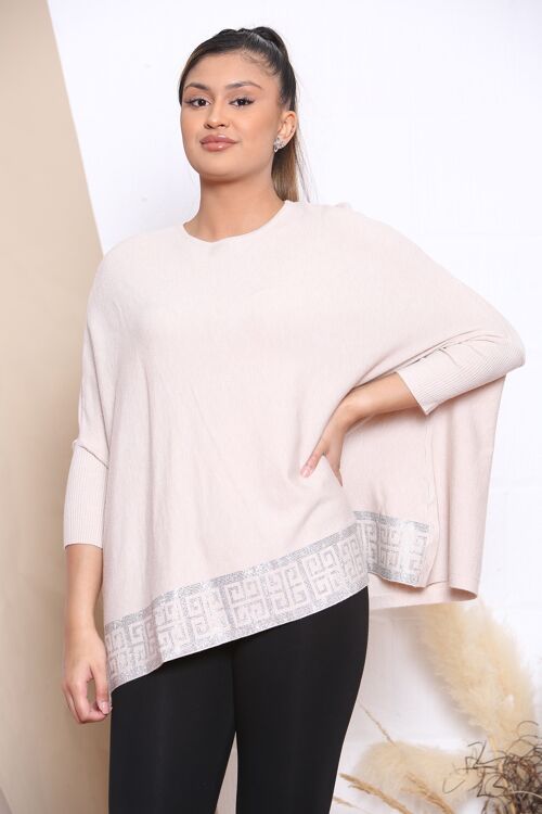 Beige KNITTED TOP WITH DROPPED SHOULDERS AND CRYSTAL EMBELLISHMENT V.02