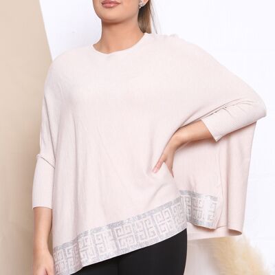 Beige KNITTED TOP WITH DROPPED SHOULDERS AND CRYSTAL EMBELLISHMENT V.02