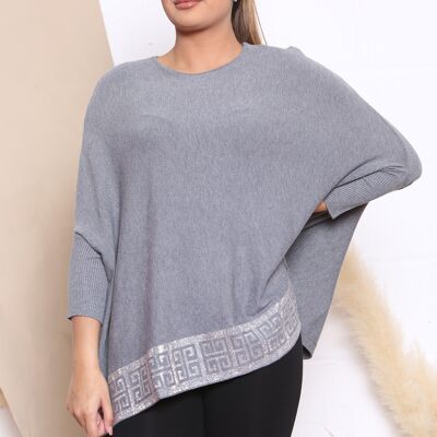 Grey KNITTED TOP WITH DROPPED SHOULDERS AND CRYSTAL EMBELLISHMENT V.02