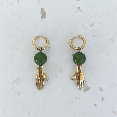 SOFIA in pairs / gold plated B.O pendant hand and pearly pearl - emerald