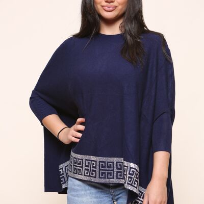 TOP IN MAGLIA BLU CON SPALLE SCORDATE E DECORAZIONE CON CRISTALLI V.02