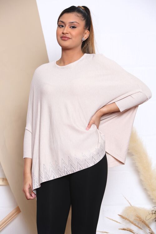 Beige KNITTED TOP WITH DROPPED SHOULDERS AND CRYSTAL EMBELLISHMENT V.03