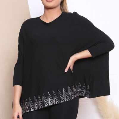 TOP IN MAGLIA NERO CON SPALLE LIBERE E DECORAZIONE CON CRISTALLI V.03