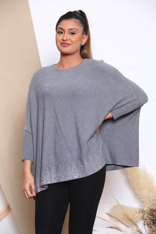 Grey KNITTED TOP WITH DROPPED SHOULDERS AND CRYSTAL EMBELLISHMENT V.03
