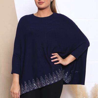 TOP IN MAGLIA BLU CON SPALLE SCORDATE E DECORAZIONE CON CRISTALLI V.03