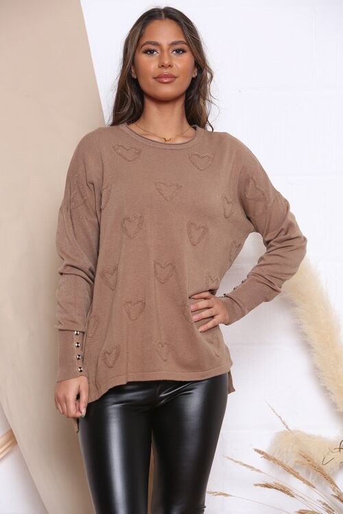 Camel JUMPER WITH TEXTURED HEART DESIGN