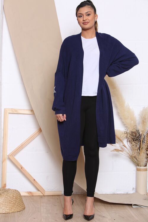 Navy LONG CARDIGAN WITH ELBOW STAR DESIGN