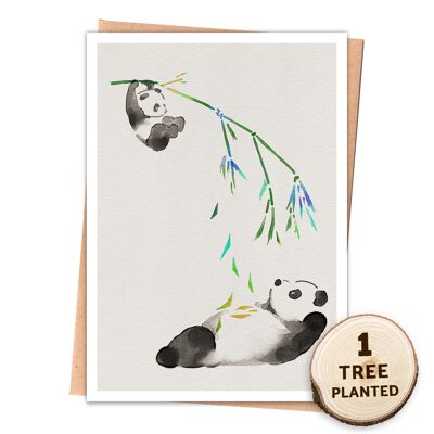 Tarjeta ecológica, regalo de semillas de flores. Nuevo Bebé Mamá Papá. panda desnudo