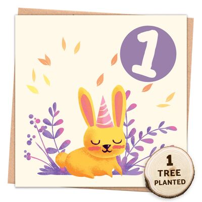 1° biglietto di compleanno. Regalo per bambini ecologici e regalo di semi. 1 anno di coniglio nudo