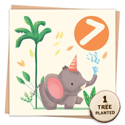 Tarjeta ecológica y regalo para niños con semillas de flores plantables. Elefante de 7 años desnudo