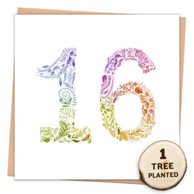 Eco 16th Birthday Card & Plantable Bee Seed Gift. Rainbow 16 Naked
