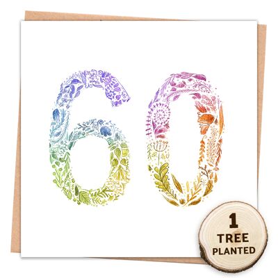 60th Birthday Card. Tree & Plantable Seed Gifts. Rainbow 60 Naked