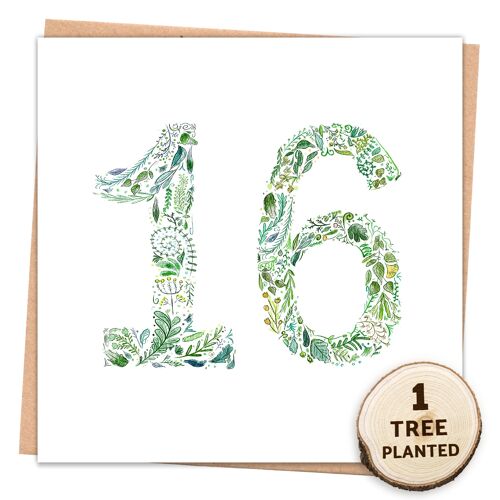 16th Birthday Card. Plantable Flower Seed Eco Gift. Green 16 Naked