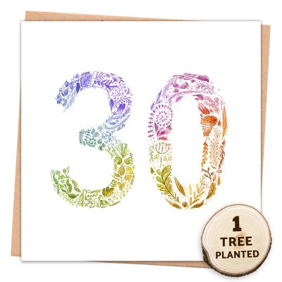 Karte zum 30. Geburtstag & umweltfreundliches Samengeschenk. Regenbogen 30 nackt