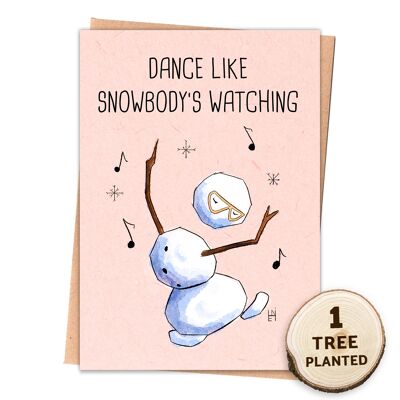 Öko-Weihnachtskarte. Tanz-Tanz-Geschenk. Snowbody schaut nackt zu