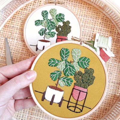 Beginner Embroidery Kit | Fiddle Leaf Fig and Prickly Pear | Modern DIY Embroidery Calico (Natural)