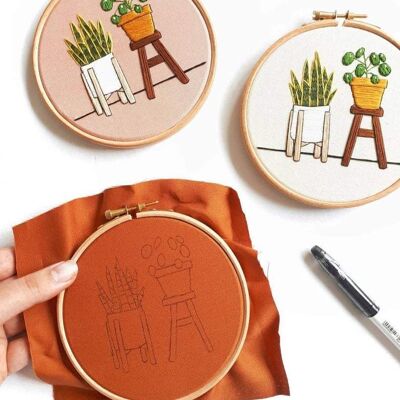 Beginner Embroidery Kit | Pilea and Snake Plant | DIY Kit Blush Pink