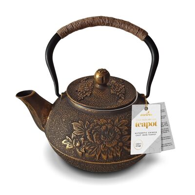Black & Gold Japanese Cast Iron Teapot by Charbrew - 1200ml with Mesh Strainer