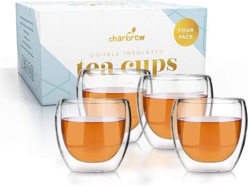 4 Pack Double Walled Borosilicate Glass Teacups by Charbrew - Lightweight, Easy to Clean, Heat Resistant and Insulating
