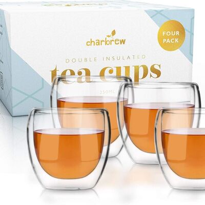 Confezione da 4 tazze da tè in vetro borosilicato a doppia parete di Charbrew: leggere, facili da pulire, resistenti al calore e isolanti