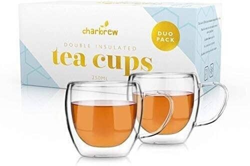 2 Pack Double Walled Borosilicate Glass Tea Cups by Charbrew - 250ml Insulated, Lightweight, Heat resistant