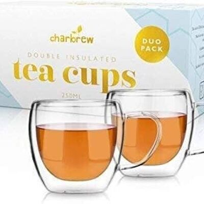 2 Pack Double Walled Borosilicate Glass Tea Cups by Charbrew - 250ml Insulated, Lightweight, Heat resistant