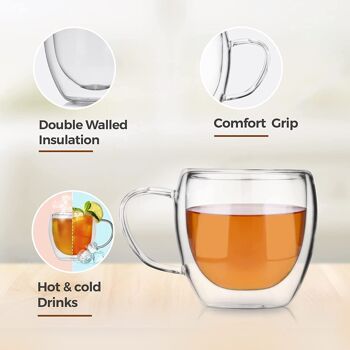 Lot de 2 tasses à thé en verre borosilicaté à double paroi par Charbrew – 250 ml isolées, légères, résistantes à la chaleur 2