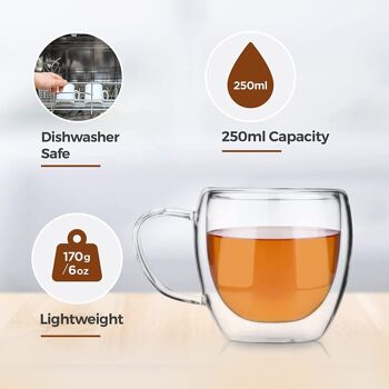 Lot de 2 tasses à thé en verre borosilicaté à double paroi par Charbrew – 250 ml isolées, légères, résistantes à la chaleur 4