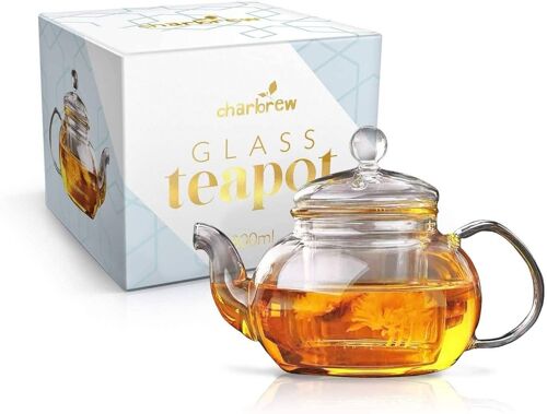 800ml Borosilicate Glass Tea Pot by Charbrew - With Tea Strainer for Loose Leaf Tea or Tea bags