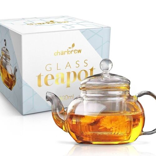 400ml Borosilicate Glass Tea Pot by Charbrew - With Tea Strainer for Loose Leaf Tea or Tea bags
