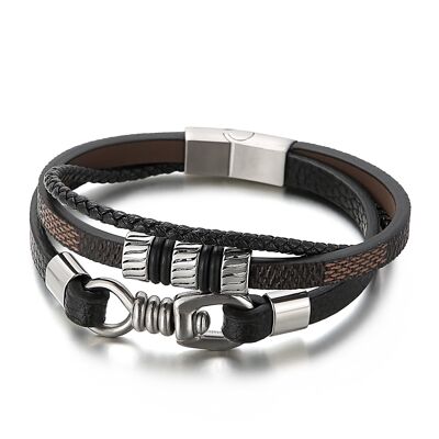 Multilayer genuine leather bracelet with stainless steel elements