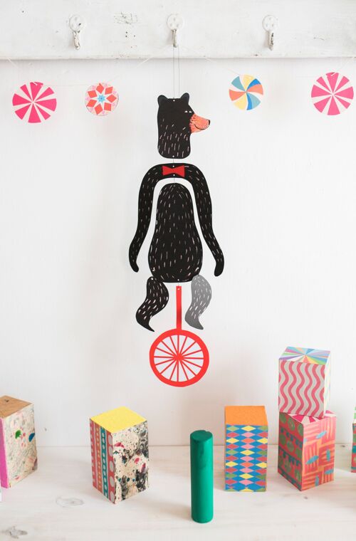 Nursery Circus Bear Kinetic Mobile for playrooms and kids decor