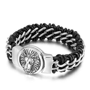 Bracelet Lion. Bracelet en cuir noir avec des éléments et une image cool en acier inoxydable. 2