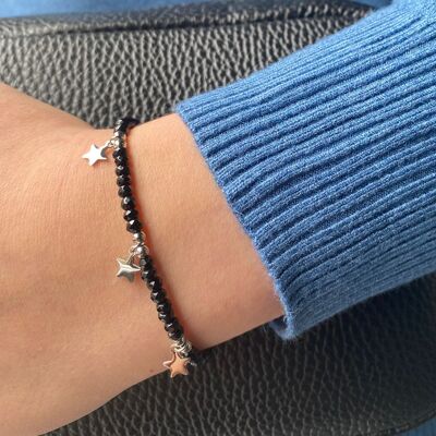 Black beaded bracelet with stars - silver