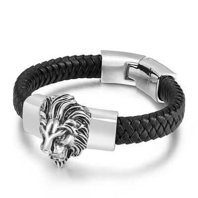 Bracelet cuir noir homme Tête de Lion