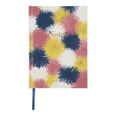 Lined notebook, colorful pompoms