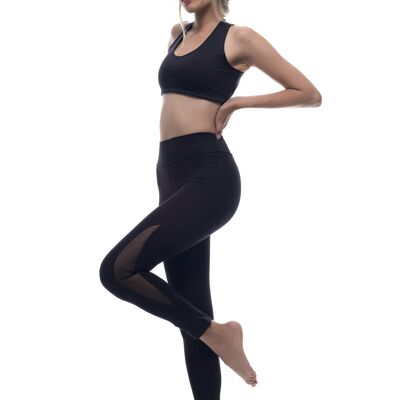 Legging compresivo fitness-yoga con detalle de transparencia-Negro