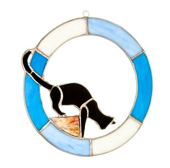 Cercle de vitrail à suspendre - Design chat - Bleu - "Prêt à bondir" 3