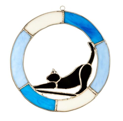 Hanging Stained Glass Circle - Cat Design - Blue - "Time to Wake Up"