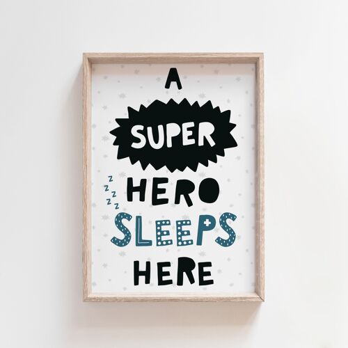A Superhero Sleeps Here Scandinavian Style Kids Art Print-A3
