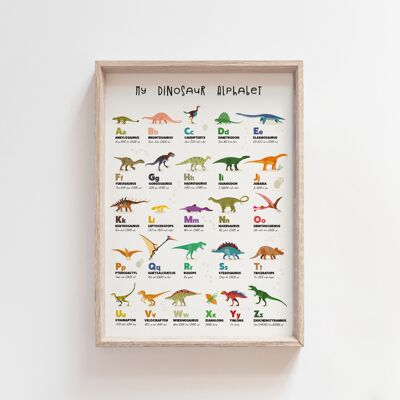 Dinosaurier-Alphabet Kinder pädagogischer Wand-Kunstdruck-Dekor-A4
