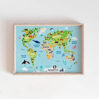 Niños Educativos Animal World Map Wall Art Print Decor-A4