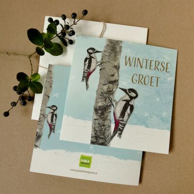 Double greeting card Winter greeting - Woodpeckers