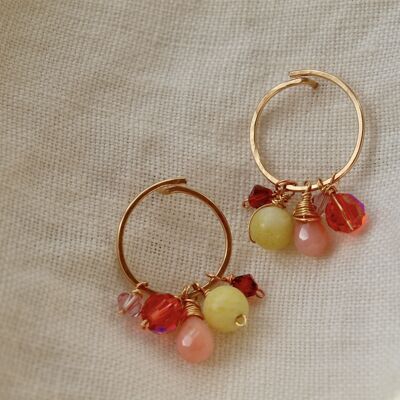 Cherry Blossoms Hoops Stud Earrings Face to Face with Removable Gemstones Pink Opal, Yellow Gold Filled Hardware