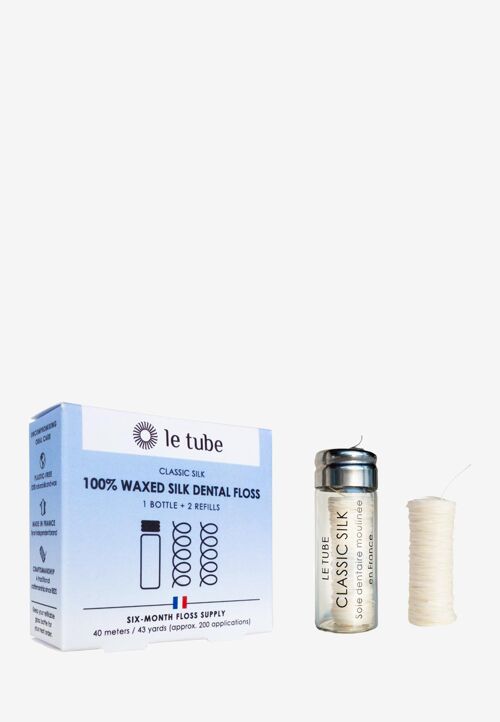 Fil dentaire 100% Soie. Fabriqué en France. 1 bouteille + 2 bobines