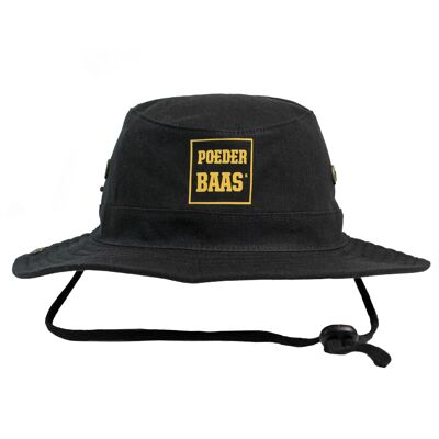 Bucket hat met okergeel Poederbaas logo - zwart